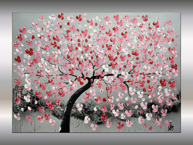 Acrylic Painting, Red Cherry Blossoms, pink home decor image 1