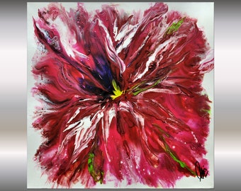 acrylic painting red blossom, original artwork on canvas