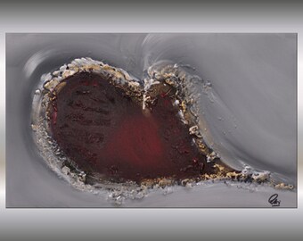 Strukturiertes Acrylgemälde 30x50 cm, Modernes Kunstwerk, Gold und Rot, Liebe und Leidenschaft, Heart of Fire, abstraktes Gemälde Leinwand