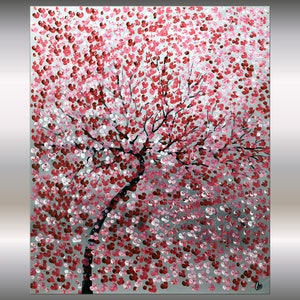 abstract painting red cherry blossoms on deep-edged canvas, ready to hang, red pink blossoms on gray background, silver accents, original art ready to hang, oversized art, 40 x 48 x 2 inches, artwork in studio