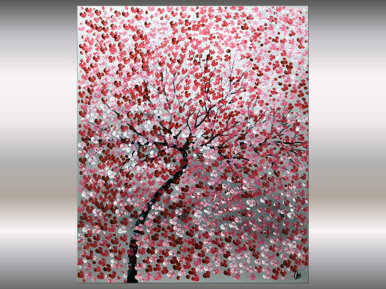 abstract painting red cherry blossoms on deep-edged canvas, ready to hang, red pink blossoms on gray background, silver accents, original art ready to hang, oversized art, 40 x 48 x 2 inches, artwork in studio