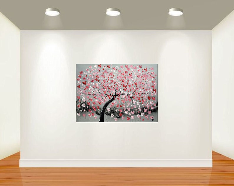 Acrylic Painting, Red Cherry Blossoms, pink home decor 画像 7