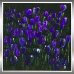 Original Purple Tulip Painting, Framed Floral Acrylic Artwork, Dark Atmospheric Background, White Floater Frame