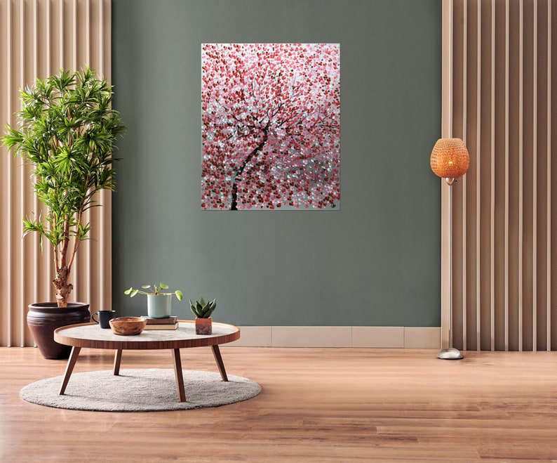 abstract painting red cherry blossoms on deep-edged canvas, ready to hang, red pink blossoms on gray background, silver accents, original art ready to hang, oversized art, 40 x 48 x 2 inches, artwork in home