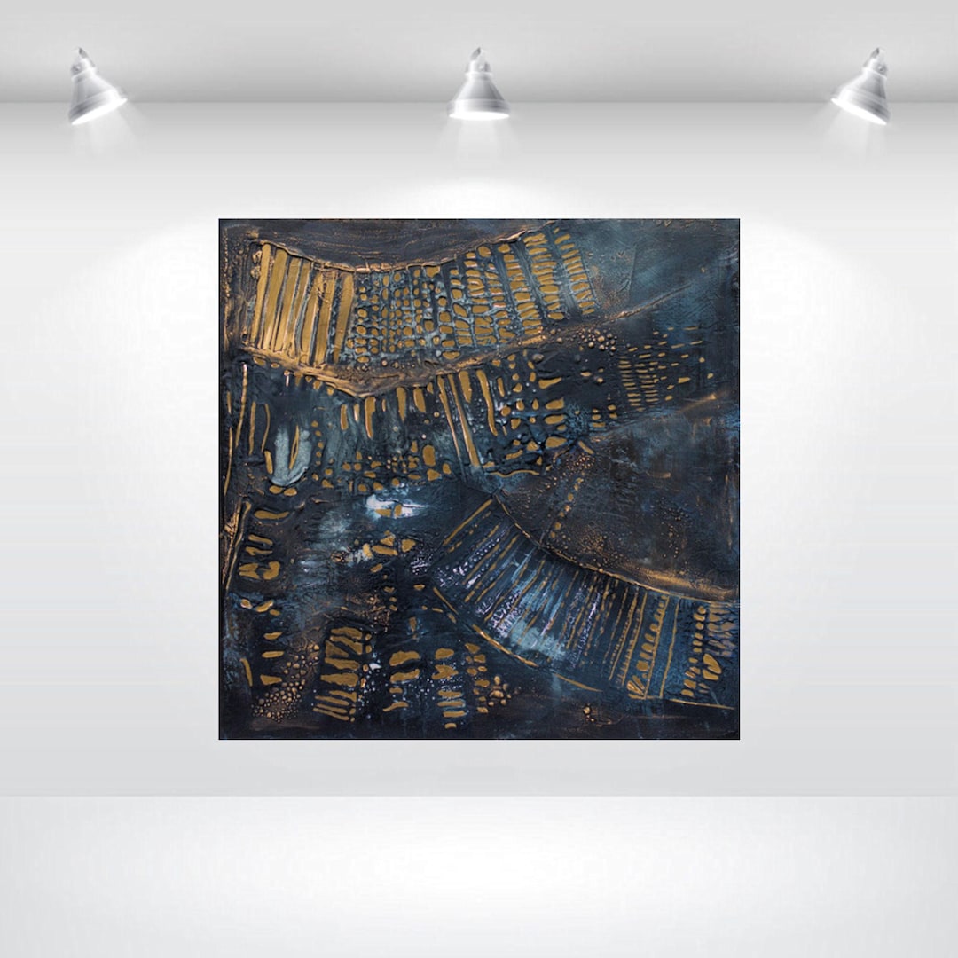 Metallic Gold Abstract Painting: Midnight Blue Wood Panel Art, 49x49cm ...