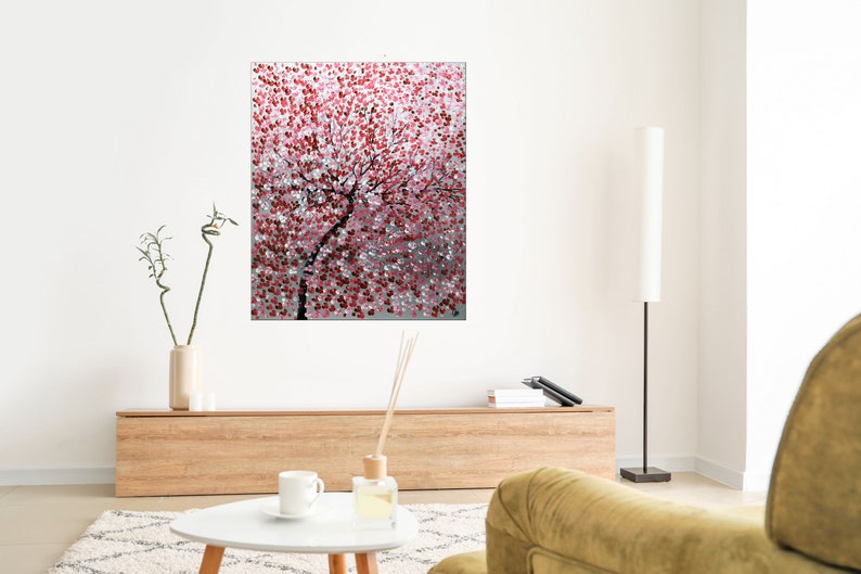 abstract painting red cherry blossoms on deep-edged canvas, ready to hang, red pink blossoms on gray background, silver accents, original art ready to hang, oversized art, 40 x 48 x 2 inches, artwork in home