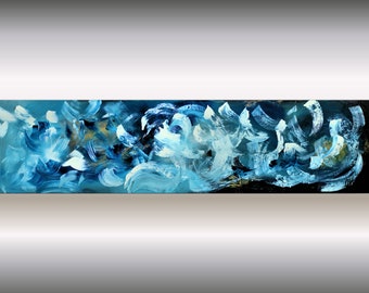 Abstract acrylic artwork on canvas, blue golden painting