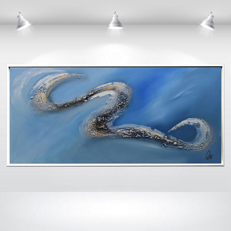 rich textured blue golden art on canvas, framed and ready to hang, abstract painting, hand-painted art, modern canvas wall art, fine art painting, large original artwork, painting on canvas, maritime nautical art, ideal gift idea, artwork in frame