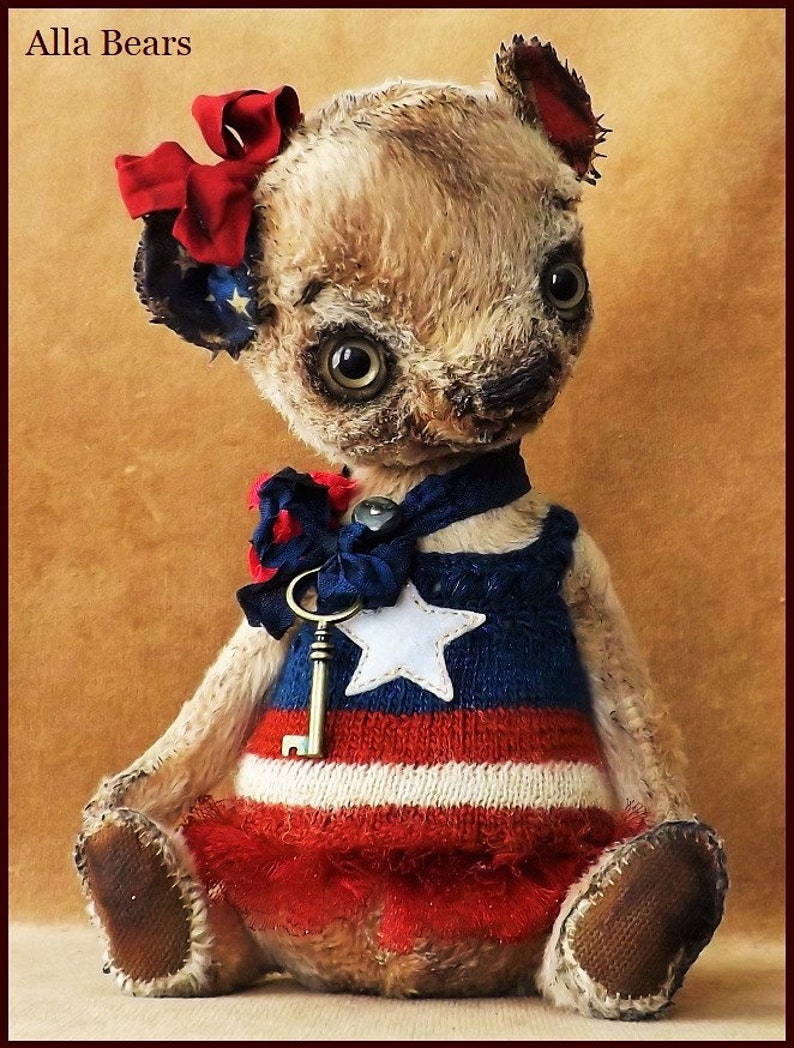 By Alla Bears America Teddy Bear Patriotic Vintage artist Old doll OOAK prim toy Retro house office baby nursery decor image 2