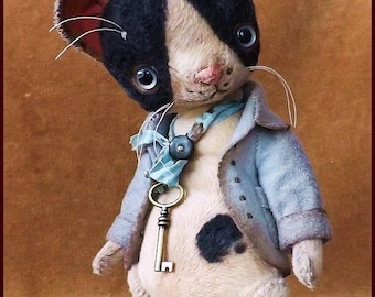 By Alla Bears Cat original artist Vintage girl boy collectible handmade art toy decor anime present gift jacket blue-grey
