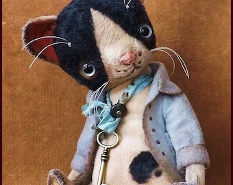 by Alla Bears Cat original artist Vintage girl boy collectible handmade art toy decor anime present gift jacket blue-grey