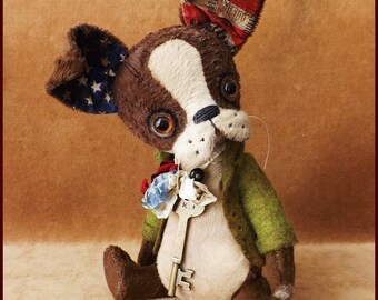 New Alla Bears artist original Vintage Puppy dog Boston Terrier Bulldog Pug Antique toy art doll designer gift pet decor man cave