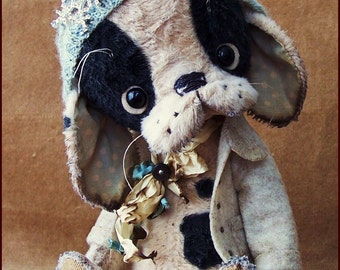 Alla Bears original artist Puppy dog stuffed Antique pug bulldog Boston terrier art doll gift pet baby winter blue home decor man cave