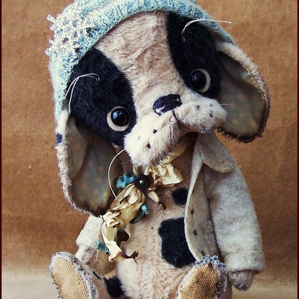 by Alla Bears original artist Vinatage Puppy dog stuffed Antique hand made toy art doll gift pet baby winter blue home decor man cave