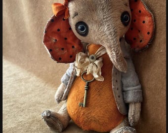 By Alla Bears Fall Thanksgiving Vintage artist Old Elephant doll OOAK prim toy Retro beige house office baby nursery decor R