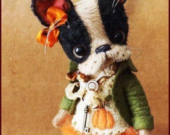 By Alla Bears original artist dog stuffed Antique Pug Bulldog Boston terrier art doll gift pet Fall Pumpkin decor