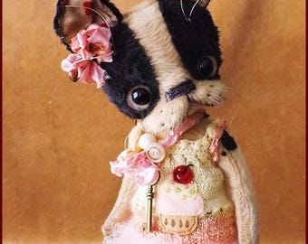 By Alla Bears original artist dog stuffed Antique Pug Bulldog Boston terrier art doll gift pet baby decor