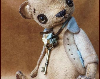 By Alla Bears Vintage artist Old Teddy Bear doll OOAK prim toy baby  Retro Antique button custom dress blue house office decor