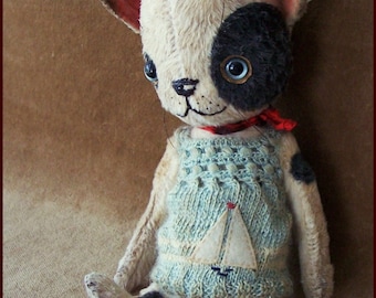 By Alla Bears TINY original artist OOAK Vintage Old  Prim  Puppy Dog toy doll Summer Whimsical