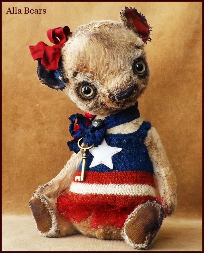 By Alla Bears America Teddy Bear Patriotic Vintage artist Old doll OOAK prim toy Retro house office baby nursery decor image 1