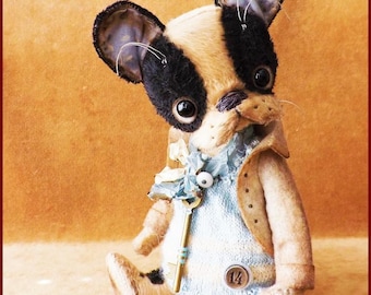 Alla Bears original artist dog stuffed Antique Pug Bulldog Boston terrier art doll gift pet baby decor