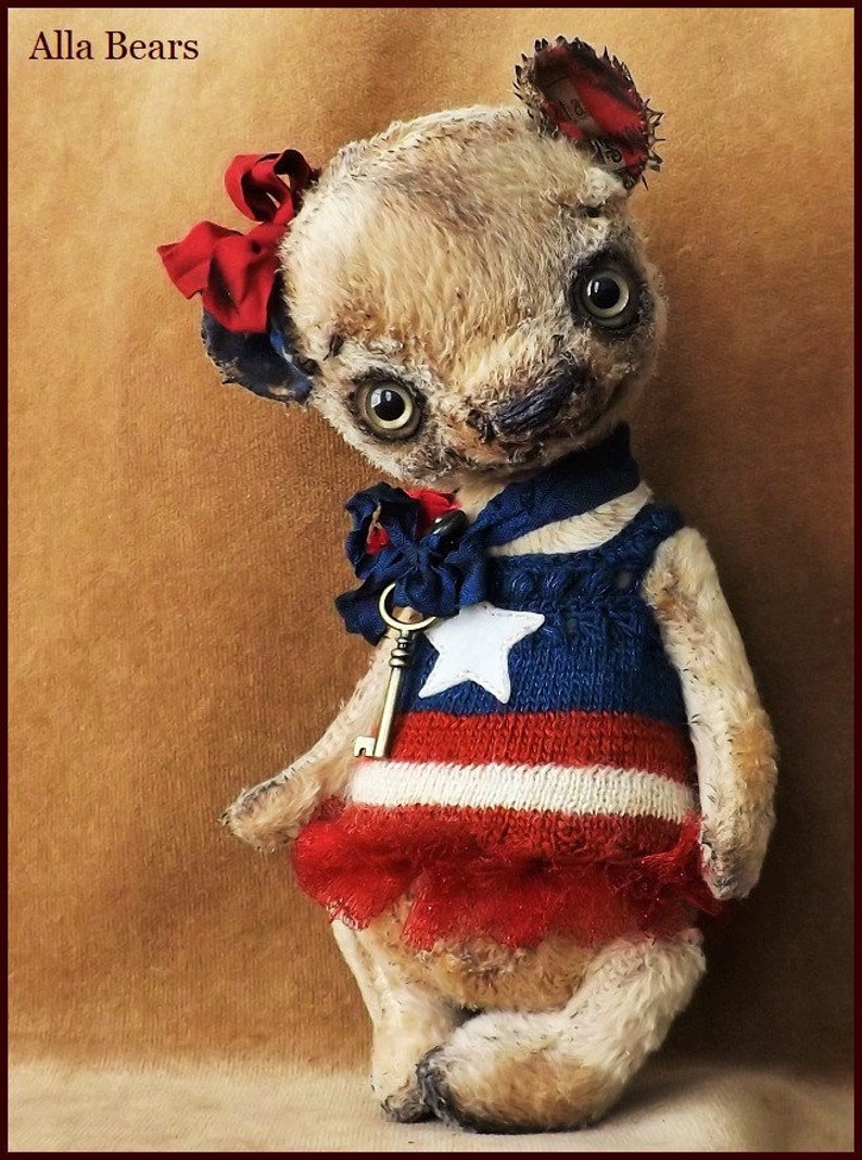 By Alla Bears America Teddy Bear Patriotic Vintage artist Old doll OOAK prim toy Retro house office baby nursery decor image 6