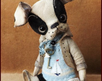 by Alla Bears original artist OOAK Boston Terrier Vintage Puppy dog French bulldog Antique toy doll bid gift pet home office decor