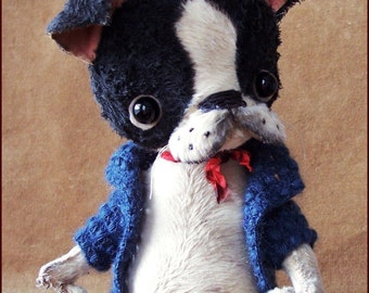 Alla Bears original artist OOAK Boston Terrier Vintage Puppy dog French bulldog Antique toy doll bid gift pet home office decor