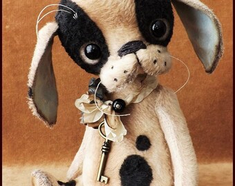 By Alla Bears artist original Vintage Puppy dog Boston Terrier Bulldog Pug Antique toy art doll textile art designer gift pet decor man cave