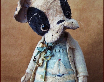 Alla Bears original artist OOAK Boston Terrier Vintage Puppy dog collectible Antique toy art doll bid friend gift pet home office decor