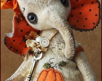 By Alla Bears original artist Elephant Vintage textile art Pumpkin Harvest prim Fall decor doll toy Birthday Thanksgiving Christmas gift