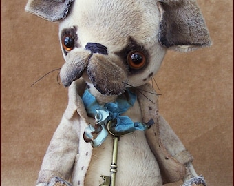 by Alla Bears original artist Vintage Puppy dog stuffed Antique hand made toy art doll designer gift pet baby blue pug home decor man cave