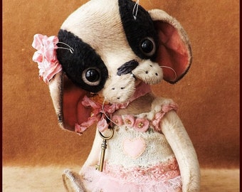 By Alla Bears original artist Vintage Bulldog Boston Terrier Pug dog stuffed Antique toy art doll baby pink decor Princess girl