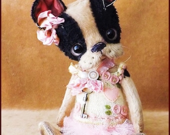 Alla Bears original artist dog stuffed Antique Pug Bulldog Boston terrier art doll gift pet baby decor