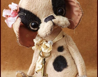 Alla Bears original artist ooak Puppy dog Boston Terrier collectible Antique toy art doll newborn bridal pink Birthday gift pet home decor