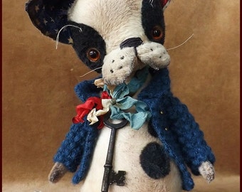 By Alla Bears Original artist Boston Terrier Bulldog Vintage Puppy dog custom stuffed toy doll gift pet textile art decor man cave
