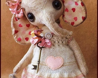 By Alla Bears original artist Elephant doll Vintage textile art Antique heart baby handmade stuffed decor Mothers Day Birthday girl gift Zoo