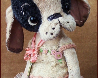 Alla Bears original artist Vinatage Puppy dog stuffed Antique hand made toy art doll gift pet baby flower pink home decor Princess girl