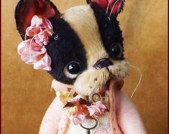 Alla Bears original artist dog stuffed Antique Pug Bulldog Boston terrier art doll gift pet baby winter decor man cave