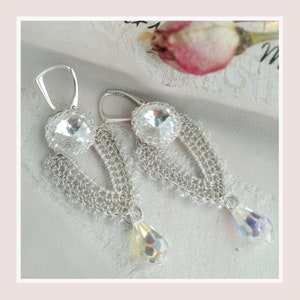 Long dangle bridal earrings with drop crystal, chandelier statement earrings for beach wedding ceremony, Silver teardrop earrings for brides zdjęcie 5