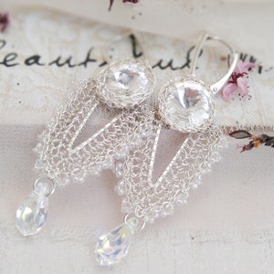 Long dangle bridal earrings with drop crystal, chandelier statement earrings for beach wedding ceremony, Silver teardrop earrings for brides zdjęcie 7