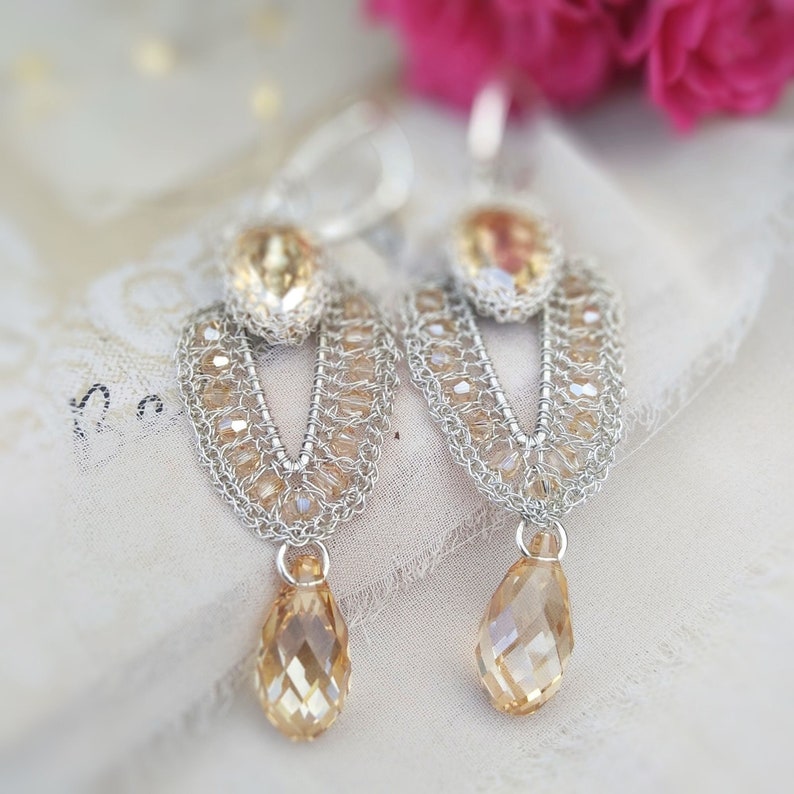 Silver lace bridal crystal earrings with gold drops, Gold wedding earrings for brides, Chandelier statement earrings for glamour wedding image 2