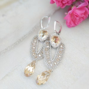 Silver lace bridal crystal earrings with gold drops, Gold wedding earrings for brides, Chandelier statement earrings for glamour wedding image 3