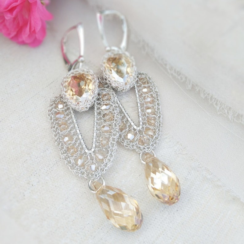 Silver lace bridal crystal earrings with gold drops, Gold wedding earrings for brides, Chandelier statement earrings for glamour wedding image 5