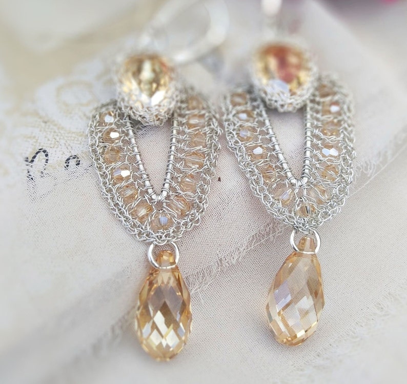 Silver lace bridal crystal earrings with gold drops, Gold wedding earrings for brides, Chandelier statement earrings for glamour wedding image 6