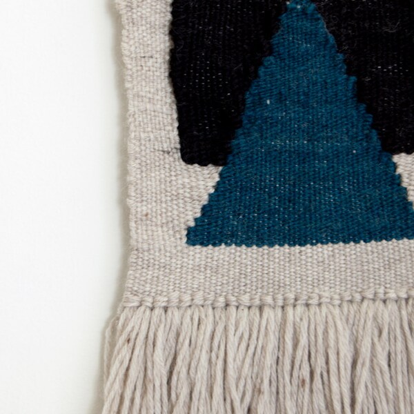 Indigo and Black Triangle Weaving Wall Hanging / Hand woven tapestry