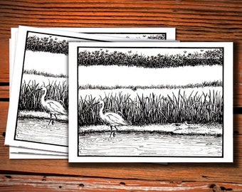 Marsh Egret Bookplate, Original Art by Alexandra Kent, New England