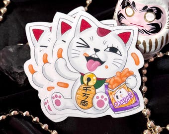 Granny Ghost Cat - Maneki Neko - waterproof inkjet sticker with diamond glitter overlay