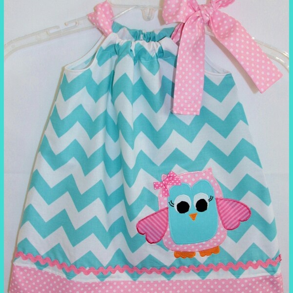 Whimsical Owl Aqua Chevron Applique dress Pink and Aqua