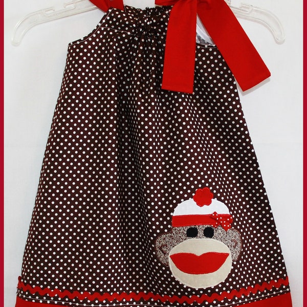 Super Cute Classic Brown and Red Sock Monkey applique Dress